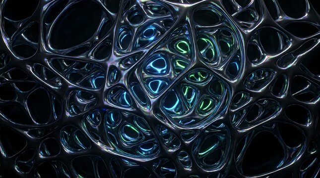 Futuristic abstract cellular mesh sphere with glowing blue and green core
