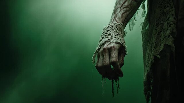 Pale Veiny Zombie Hand with Tattered Victorian Lace Cuff in Green Fog