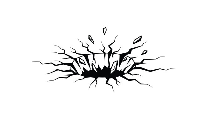 Ground crack template showing a deep black hole with exploding rock debris vector black and white graphic design.
