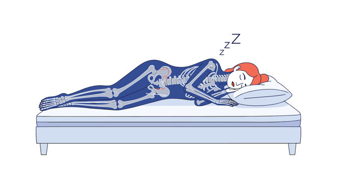 Side view of a sleeping woman on a bed with an overlay illustration of her skeletal bone structure posture.