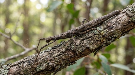 Fototapeta premium Stick insect camouflaged on tree branch in forest