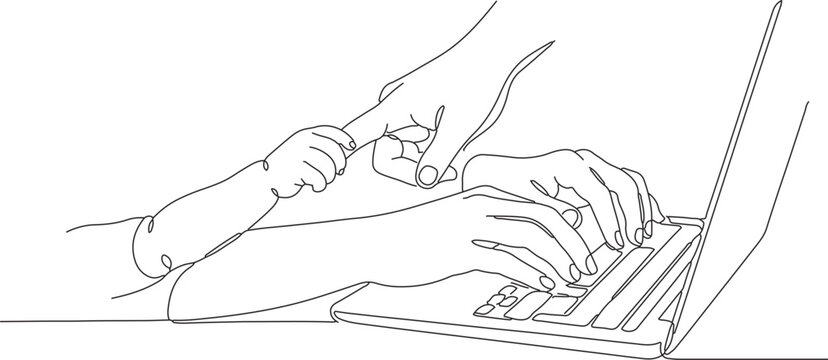 Person typing on laptop with hand reaching