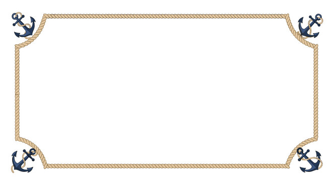 Rectangular rope frame with marine anchors in four corners vector nautical border illustration on white.