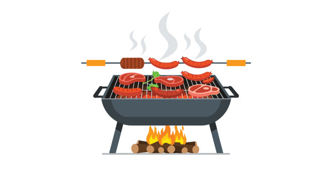 Outdoor barbecue grill with burning charcoal wood and cooking meat, steak, and sausages on wire rack vector.
