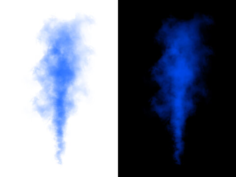 A column of bright blue smoke or steam or gas isolated on transparent and black background, set of two realistic blue colored mist or fog effects.