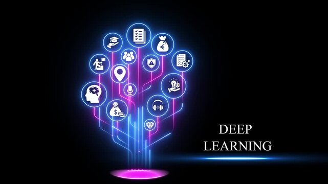 Deep learning concept with glowing neon digital network tree and business on black background, artificial intelligence