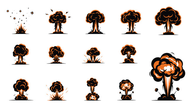 Fire explosion sequence showing different stages of mushroom clouds in cartoon comic art style vector set.
