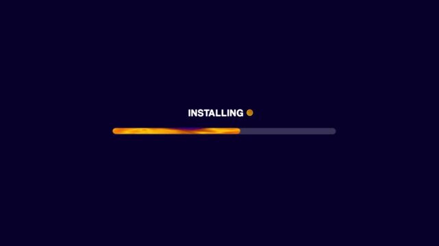 Software update installing screen process with loading bar animation. Updating bar with gear icon animation on a black background