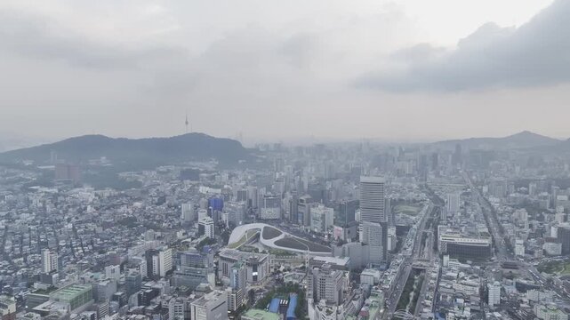 Aerial Drone View of Jongno Cityscape near Dongmyo Station and DDP Dongdaemun Design Plaza in Seoul, South Korea