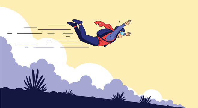 Extreme skydiver flying horizontally through the sky with a parachute backpack, symbolizing freedom, adventure, and courage.