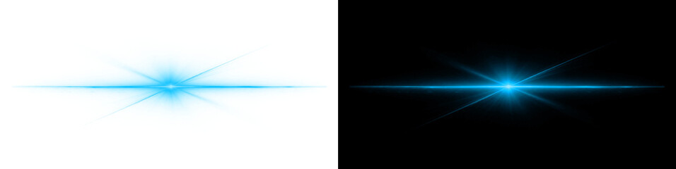 Fototapeta premium Blue lens flare light effect isolated on transparent background cyan glowing sunburst beam rays digital star burst illustration abstract bright glow.