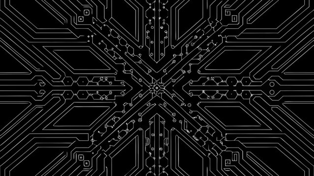 Circuit board pattern a symmetrical black and white vector illustration with interconnected lines and components abstract circuitry
