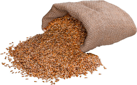 Spilled brown flax seeds from a burlap sack on transparent background