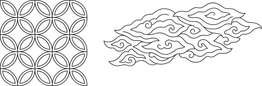 Traditional Indonesian batik pattern elements featuring geometric kawung and mega mendung cloud vector ornaments