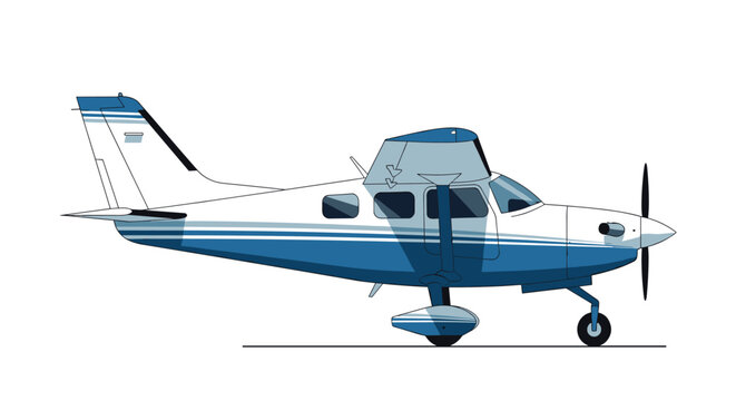 Small private propeller plane painted in blue and white colors parked on the airfield runway ready for takeoff.