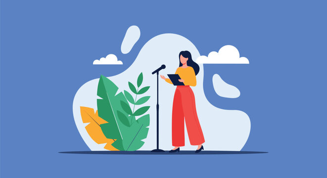 Female public speaker standing at a microphone stand and holding a folder, presenting at a conference or public event.