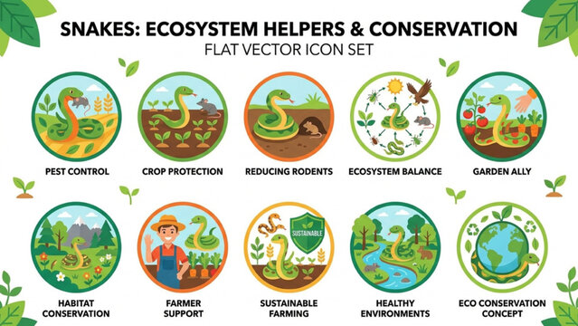 Flat vector icon set of beneficial snakes helping the ecosystem by eating pests and protecting crops isolated on white