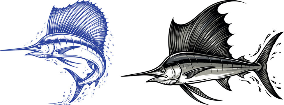 Two artistic renditions of a sailfish leaping from water in ink and sketch styles with sailfish