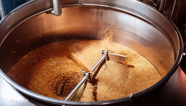 industrial brewery mash tun with grain being mixed by rotating paddle close up view