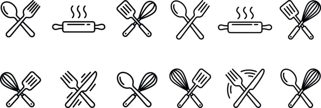 Set of kitchen utensil icons including whisk spatula and rolling pin vector illustration