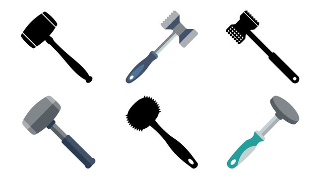 Professional vector collection featuring different meat mallet designs, wooden meat tenderizer, stainless steel meat hammer, double sided meat mallet, textured tenderizer