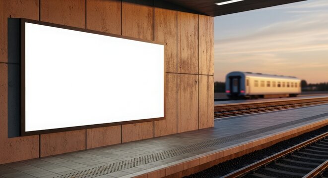 A blank white billboard on a wooden wall at a train station platform with a train in the background.