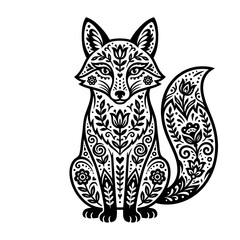Fototapeta premium A sitting fox with flowers and leaves on its body is looking forward.