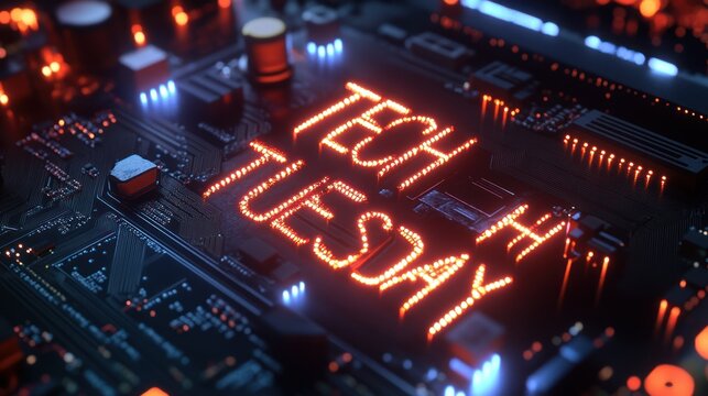 Close-up of illuminated tech-themed circuit board with glowing text