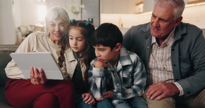 Game, grandparents or kids in house with tablet, bonding activity or happy moment in online playing. Flare, smile or grandchildren in home with tech, digital puzzle or fun hobby in family connection.