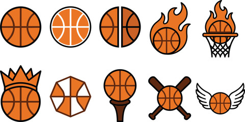 basketball ball flat line icon set vector illustration featuring various stylized designs with fire flames wings crown cross bats tee hoop net and geometric shapes  © MstMonjila