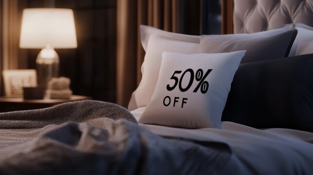 Cozy bedroom scene with "50% OFF" pillow on unmade bed
