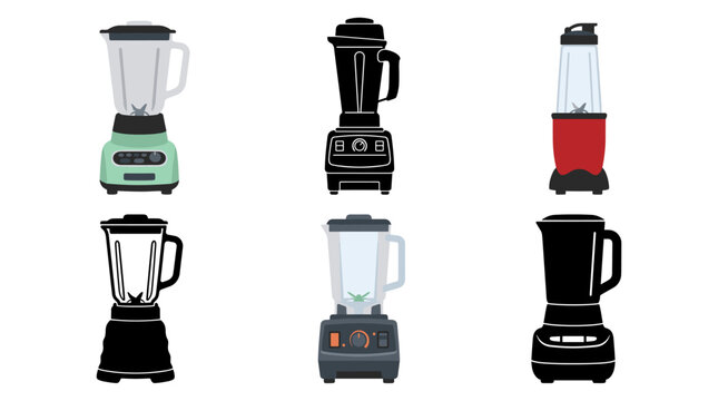 Professional vector collection featuring different blender designs, countertop blender, high speed blender, personal smoothie blender, glass jar blender, commercial blender