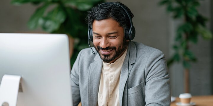 Friendly remote support agent wearing headset and working at computer for virtual helpdesk background and customer service banner design