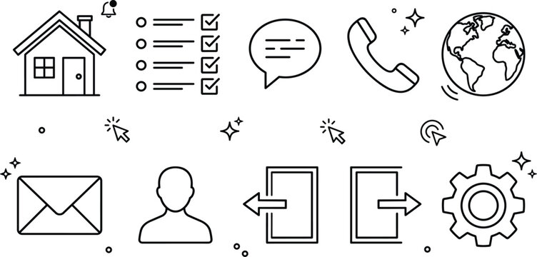 Website contact us and user interface icon set featuring home email phone profile and setting buttons