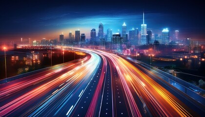 Obraz premium a blurred nighttime cityscape with a busy highway and vibrant urban lights