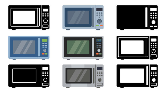 Professional vector collection featuring different microwave oven designs, compact microwave, countertop microwave, digital microwave oven, smart microwave, stainless steel microwave