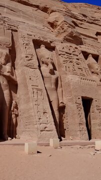 Temple of Nefertari next to the temple of Abu Simbel temple of Pharaoh Ramses II in southern Egypt in Nubia next to Lake Nasser.
