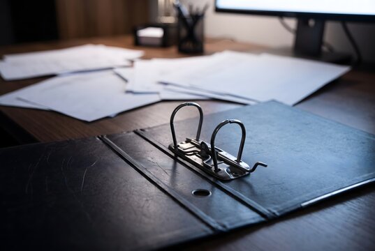 Close up of misaligned metal rings on an open file binder laying flat on a desk with scattered documents