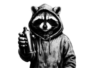 Halftone vector illustration of a cool raccoon in a hoodie holding a spray paint can, retro dotted pattern design for street art and pop art aesthetics. © VectorEngraveHalfton