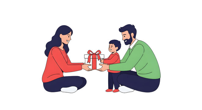 Happy family with mother father and child holding a gift box together