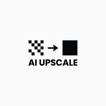 Pixelated square transforming into a solid square with text reading ai upscale on a white background pixelation digital art