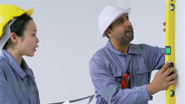 Construction workers team measuring wall accuracy at indoor site