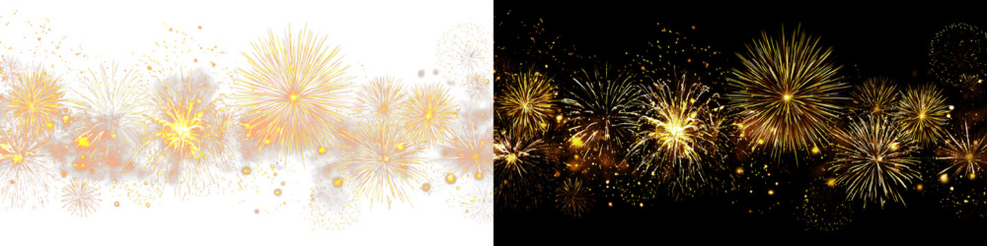 Golden fireworks display with multiple pyrotechnic explosions sparkling bursts glowing firework stars festive celebration holiday event party light show New Year anniversary festival victory day