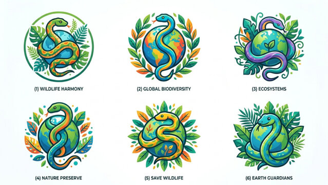 Modern vector icon bundle celebrating wildlife biodiversity with colorful snake silhouettes globes and leaves on white