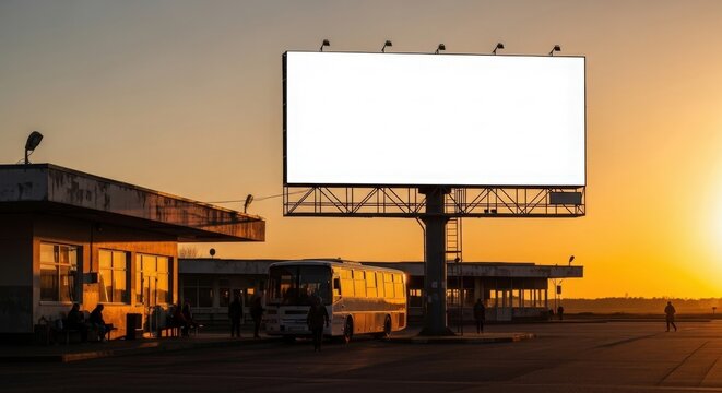 A large blank billboard stands prominently against a golden sunset sky, with buildings and a bus visible in the foreground, perfect for advertising mockups.