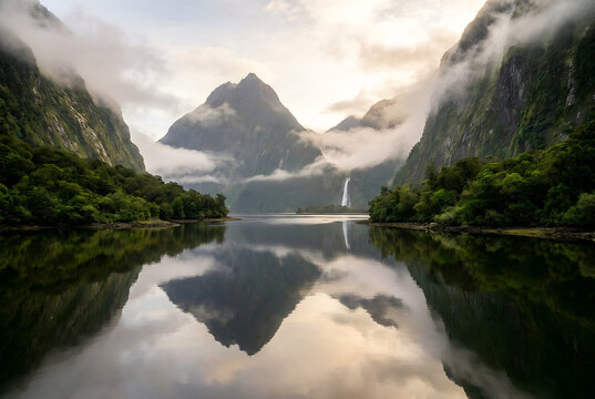 lake and mountains, nature, landscape, milford, sky, fjord, scenic, travel, blue, reflection, park, south, island, destination, national, new, fiordland, tourism, sea, zealand, scenery, peaceful

