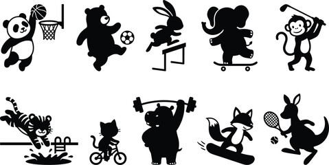 cute black and white vector silhouette icon set of animals playing sports including basketball panda soccer bear jumping rabbit skateboard elephant and golf monkey  © MstMonjila