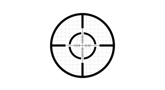 Sniper rifle scope target sight with clear crosshairs and measurement lines isolated on a clean white background.