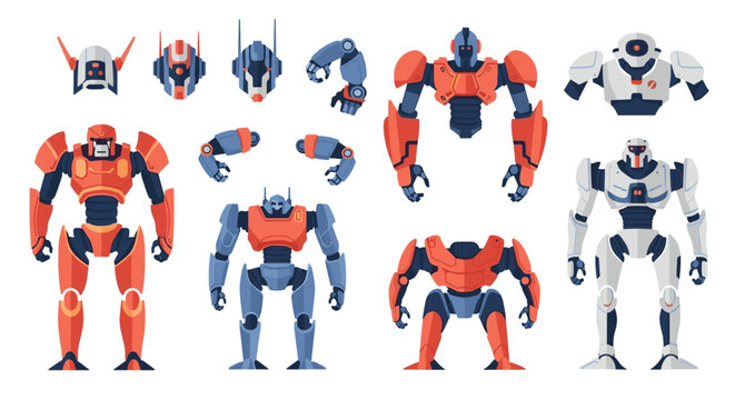 Futuristic robot constructor set featuring various modular parts and fully assembled mechs on a white background.