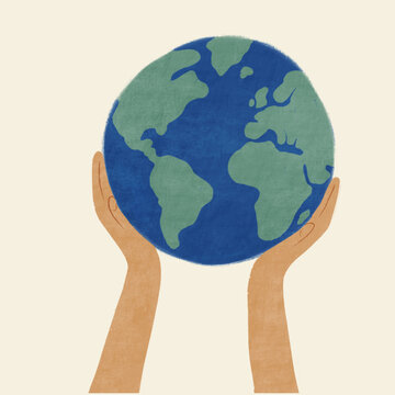 Hands holding up a globe illustration